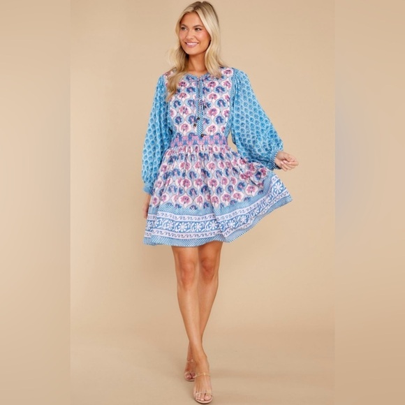 NWT Oliphant Tie Front Balloon Sleeve Dress in Iris Blue Floral, Small - Picture 2 of 7